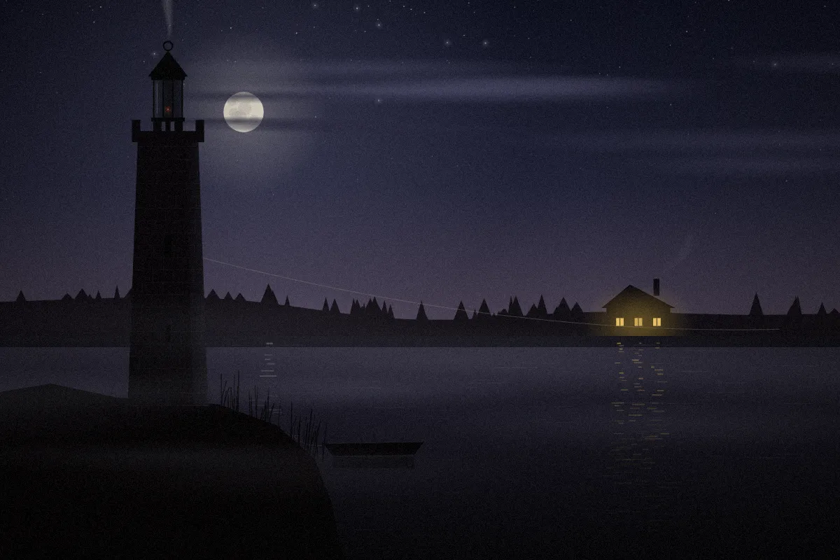 A stone tower on a river at night, its lantern dark, and an inn lit on the far bank.